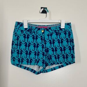 Macbeth Collection Women’s Teal Seahorse Print Cotton Shorts Small Gold Button